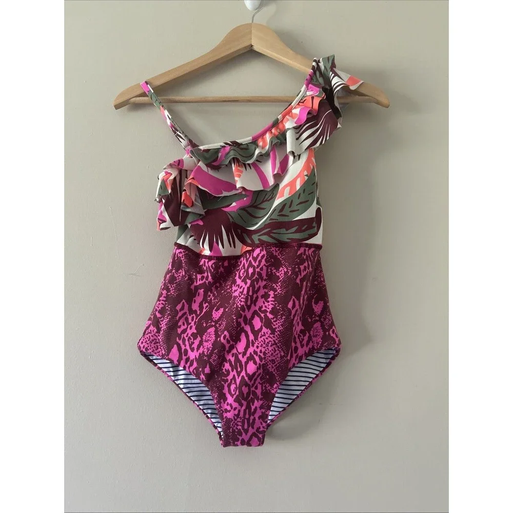 Majji Girls Reversible Bathing-suit Mix Print Ruffle Shoulder Size 6* See measur